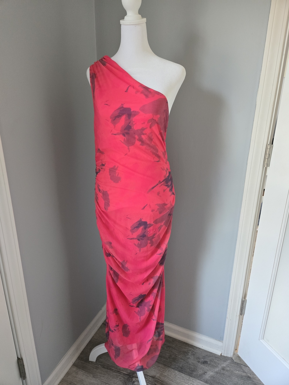 SHEIN Hot Pink One-Shoulder Floral Ruched Maxi Dress